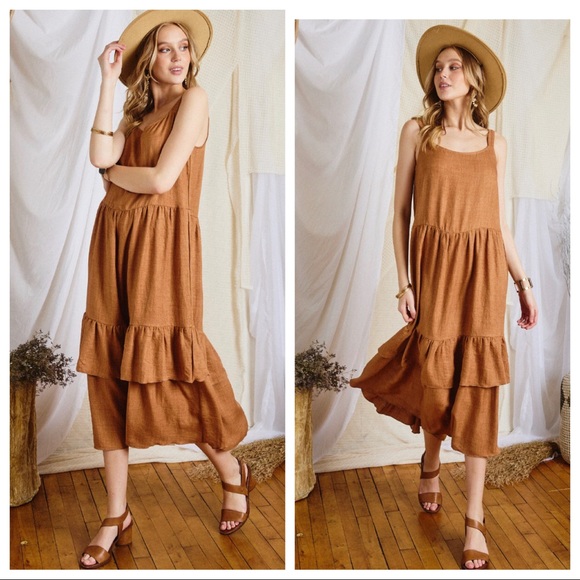 Boho Chic Solid Tiered Midi Dress - Picture 2 of 4